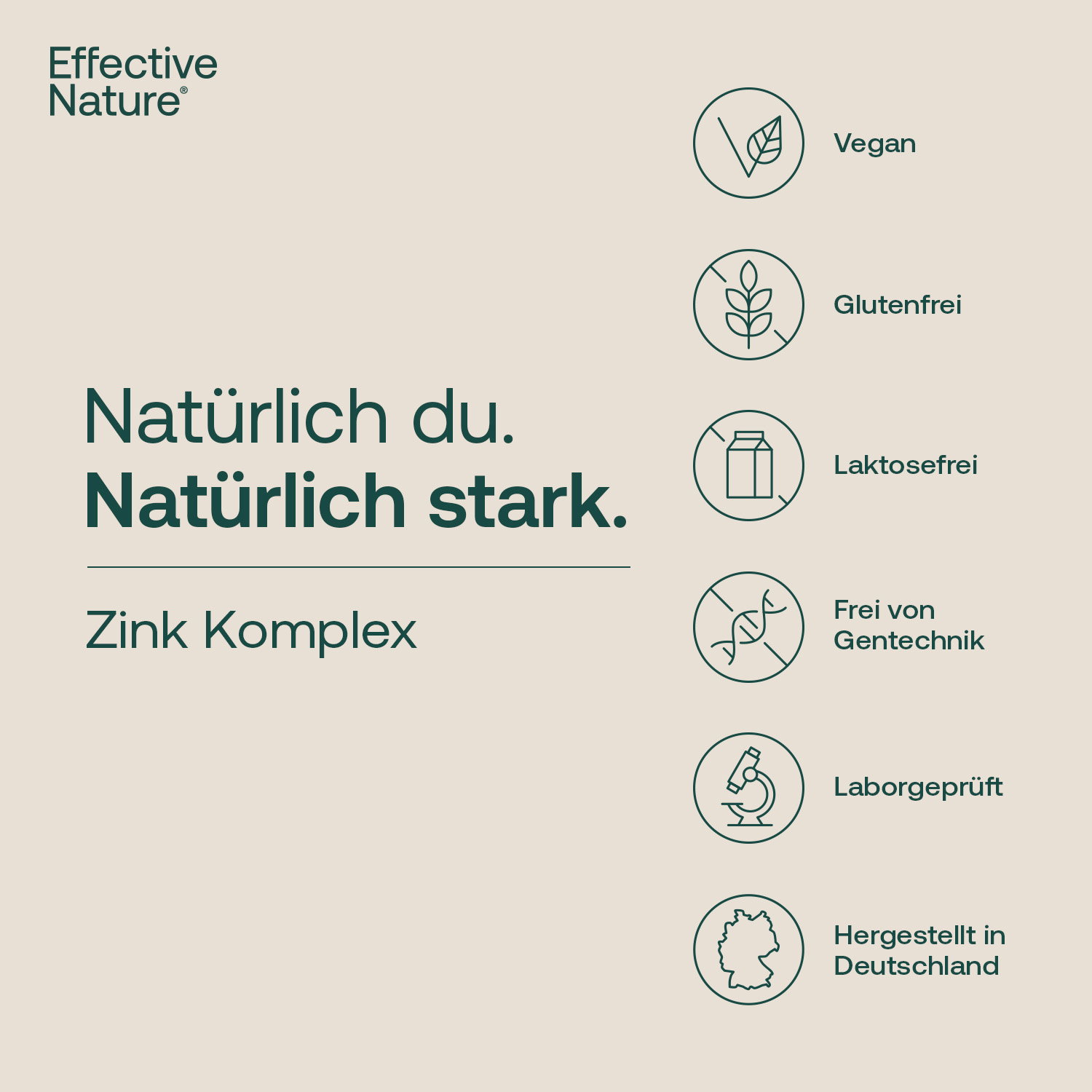 Zink Komplex mit Icons zu vegan, glutenfrei, laktosefrei, ohne Gentechnik, laborgeprüft, hergestellt in Deutschland
