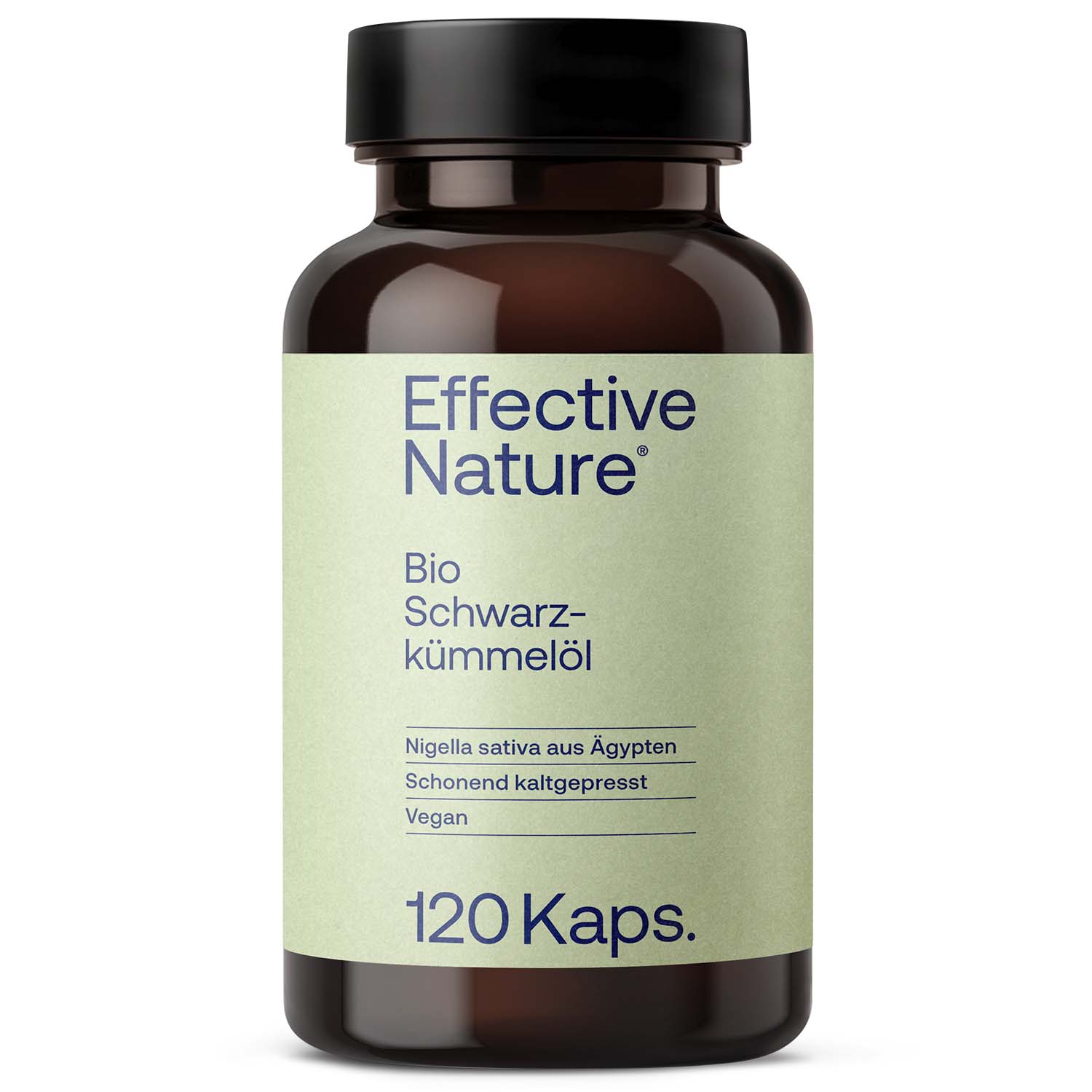 Braunes Fläschchen mit grüner Etikette, Aufschrift: 'Effective Nature Bio Schwarzkümmelöl 120 Kapseln'. Schonend kaltgepresst, vegan.