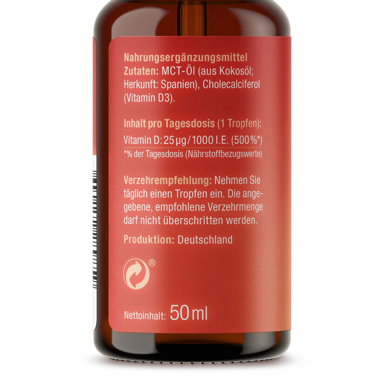 Flasche mit 50 ml Vitamin D3 Tropfen, enthält MCT-Öl und Cholecalciferol, hergestellt in Deutschland