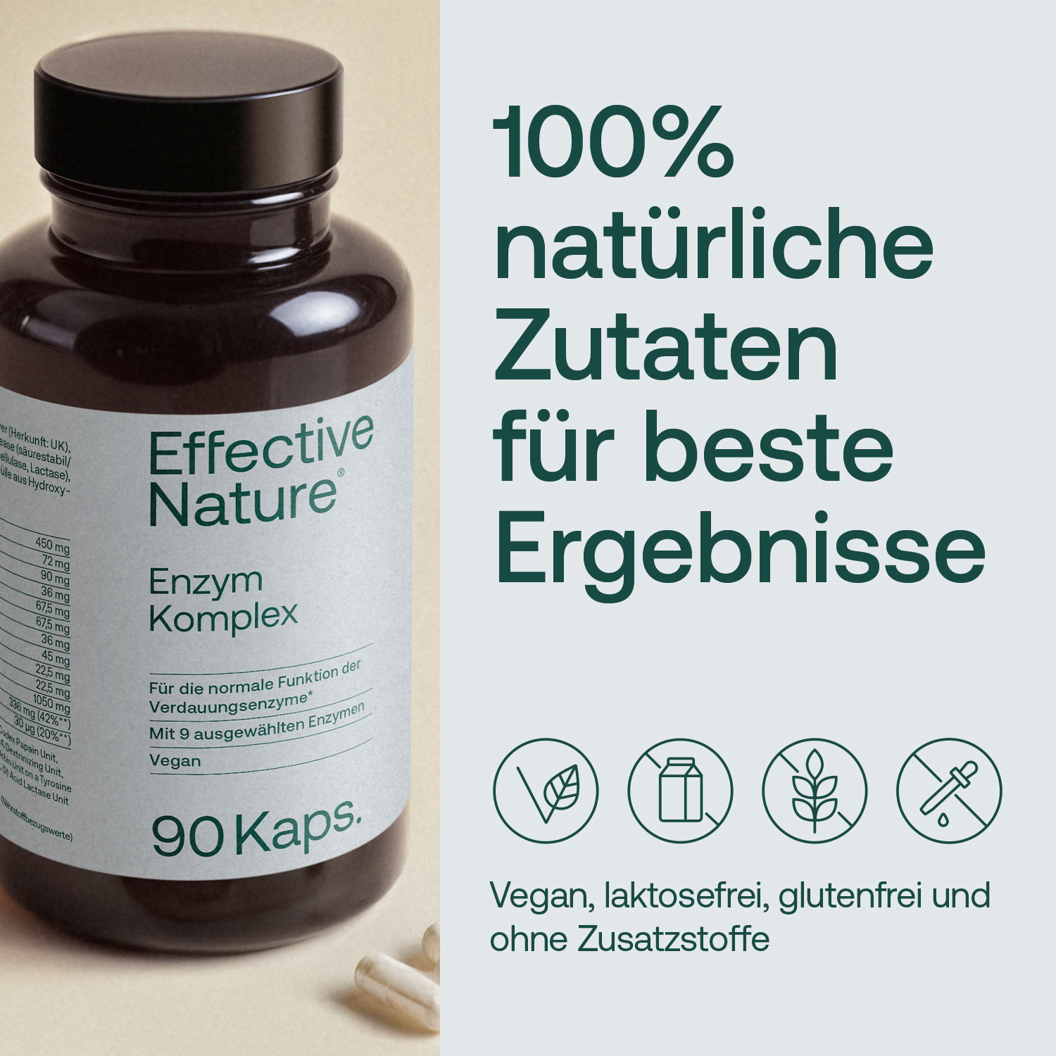 Flasche von Effective Nature Enzym Komplex mit 90 Kapseln, 100% natürliche Zutaten, vegan, laktosefrei, glutenfrei