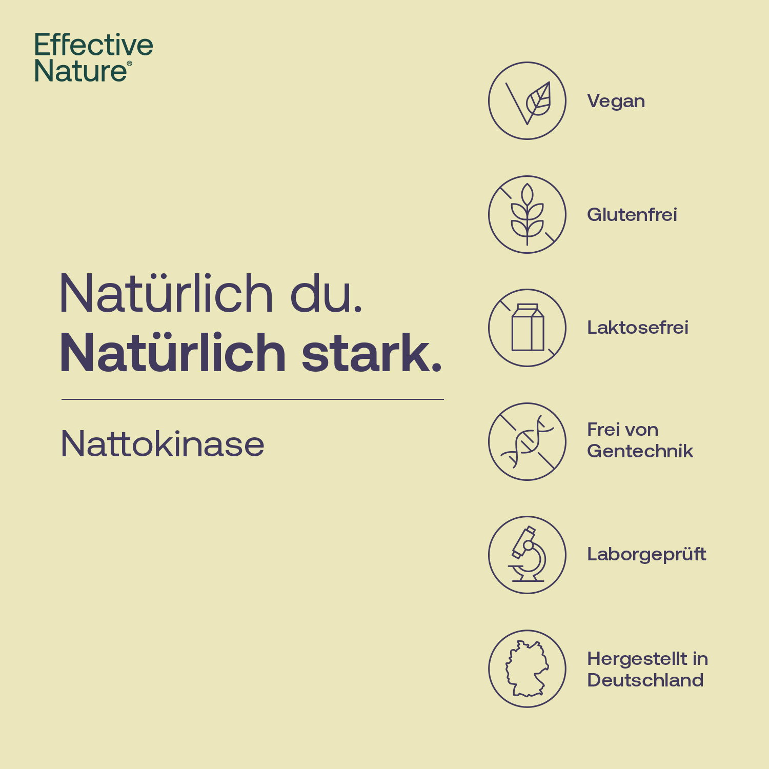 Unsere Nattokinase ist: vegan, glutenfrei, laktosefrei, frei von Gentechnik, laboirgeprüft, hergestellt in Deutschland