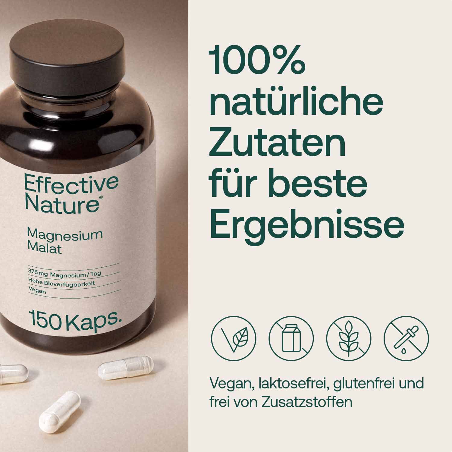 Flasche mit Magnesium Malat Kapseln von Effective Nature, 100% natürliche Zutaten, vegan, laktosefrei, glutenfrei