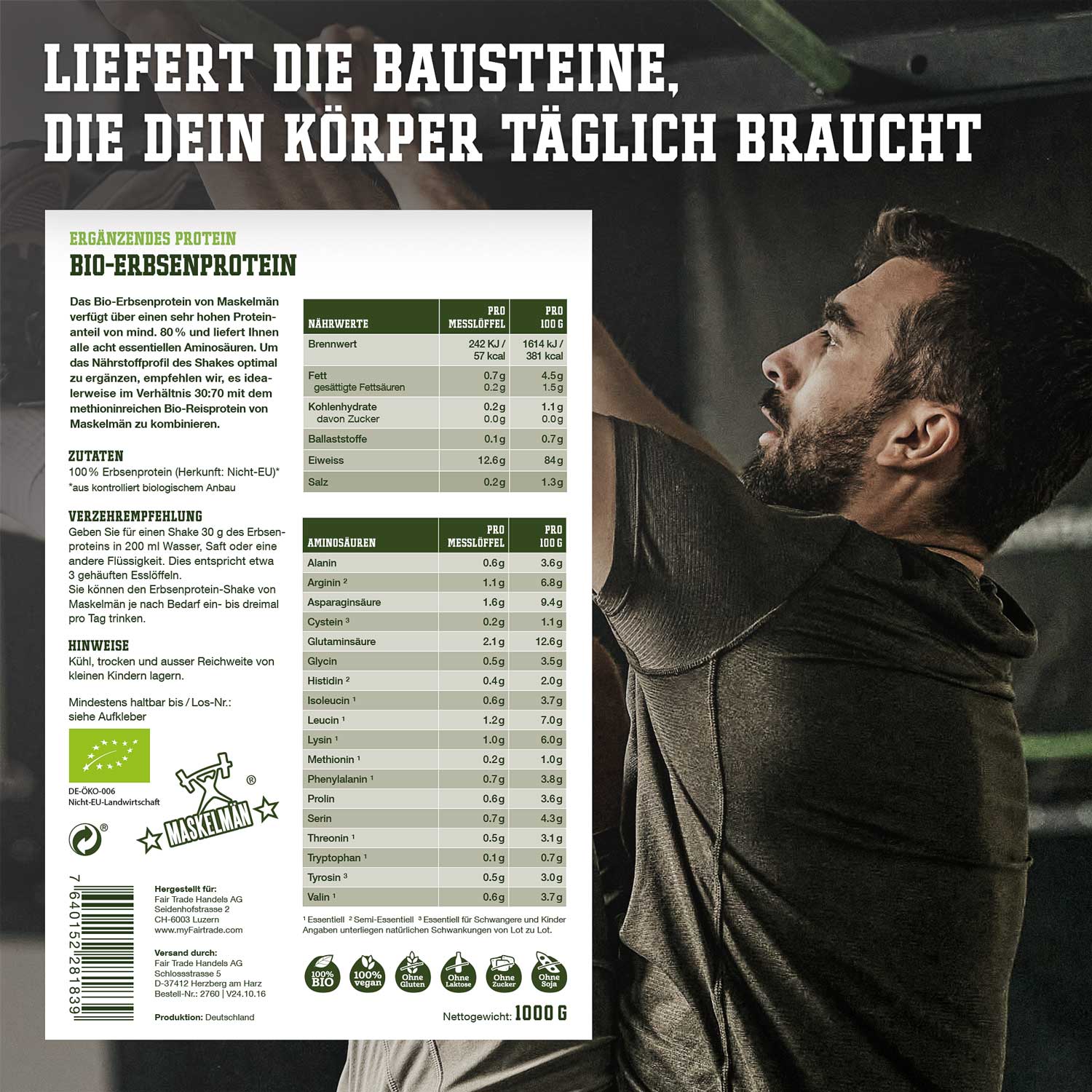 Mann trainiert mit Bio-Erbsenprotein von Maskelmän für natürlichen Muskelaufbau