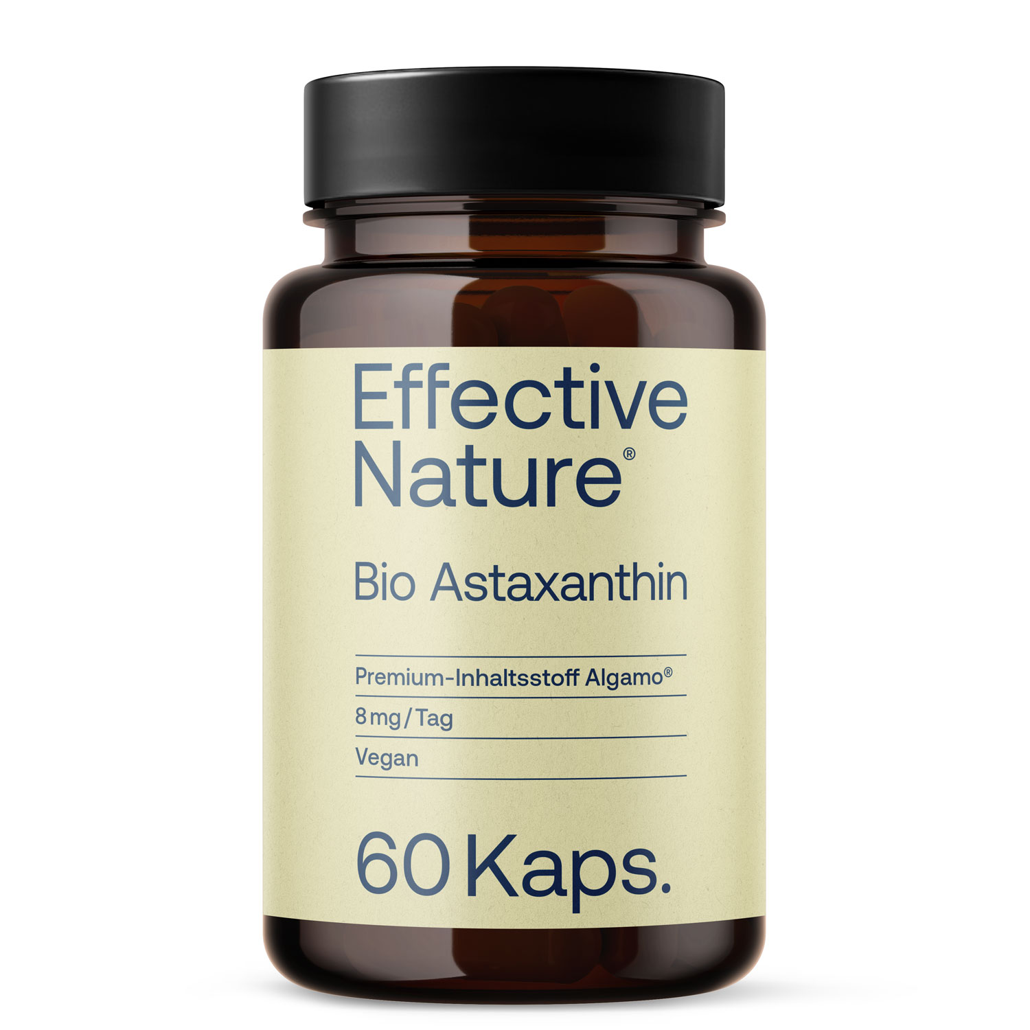 Braune Flasche mit 60 Kapseln Bio Astaxanthin von Effective Nature, vegan mit Premium-Inhaltsstoff Algamo.