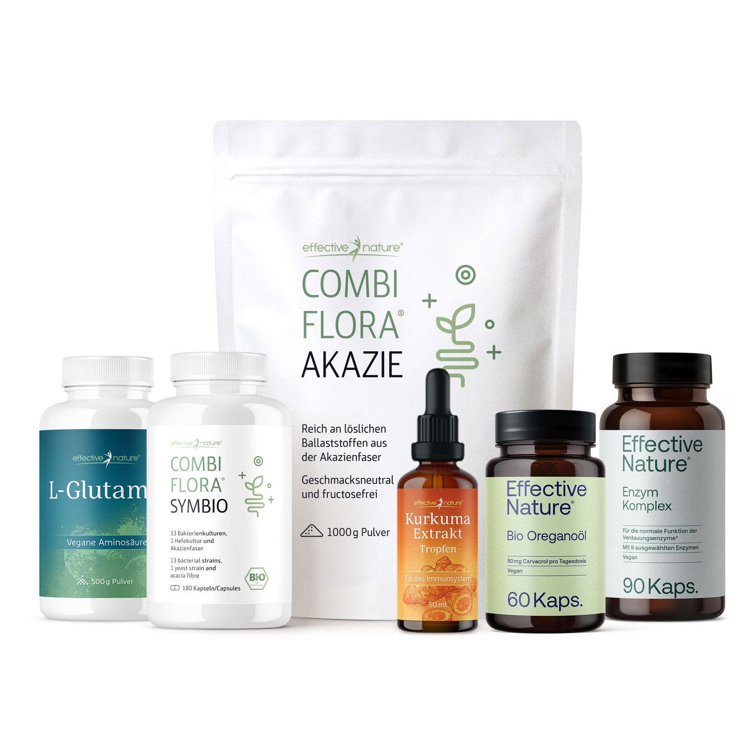Verschiedene Nahrungsergänzungsmittel von Effective Nature, darunter Combi Flora Akazie und Kurkuma Extrakt Tropfen