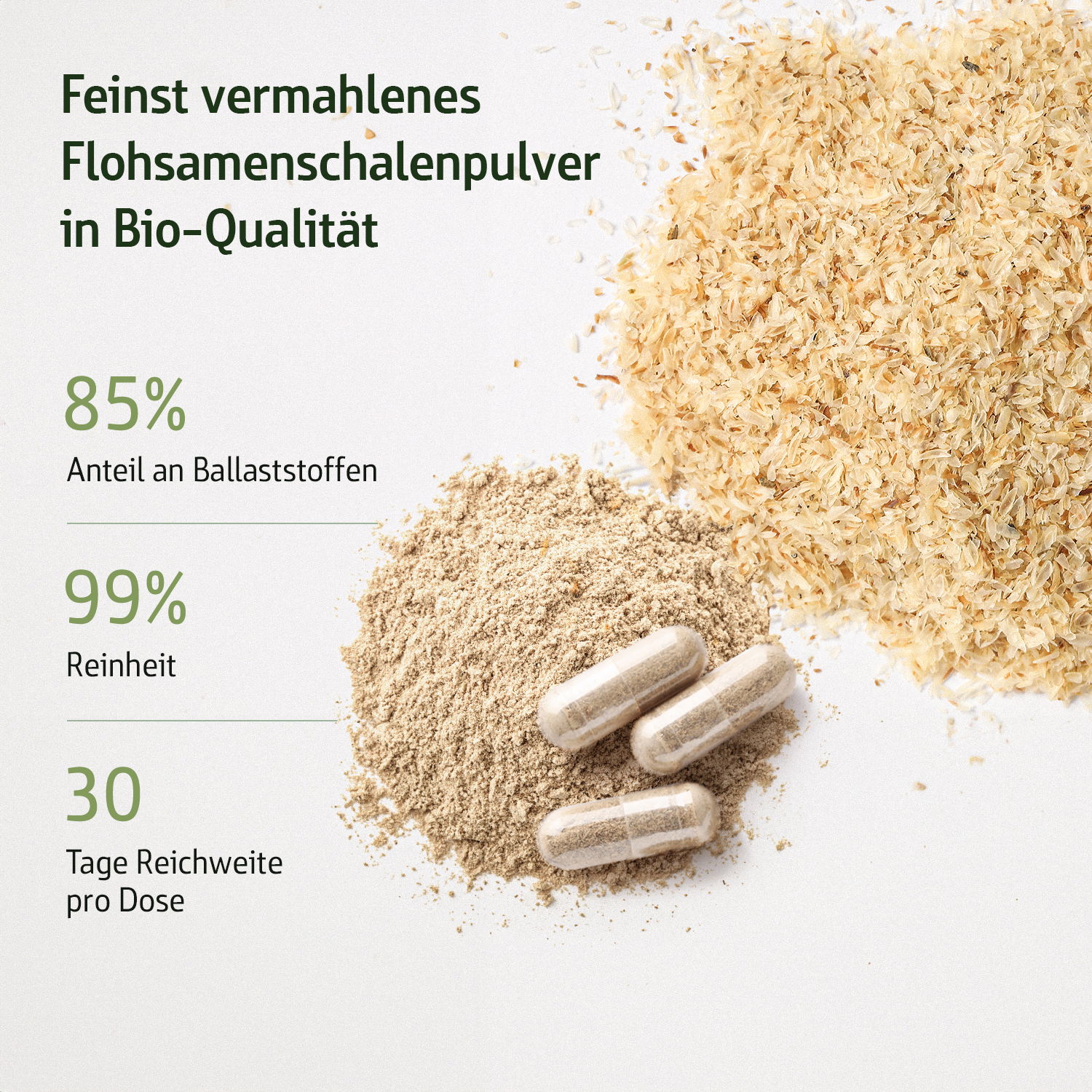 Flohsamenschalenpulver und Kapseln in Bio-Qualität mit 85% Ballaststoffanteil und 99% Reinheit, reicht für 30 Tage