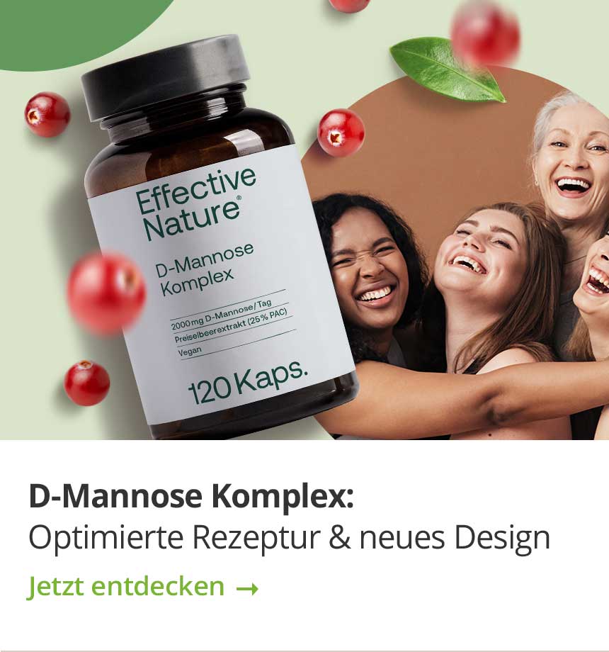 Flasche mit D-Mannose Komplex Kapseln von Effective Nature, umgeben von Preiselbeeren, und drei lachende Frauen im Hintergrund.