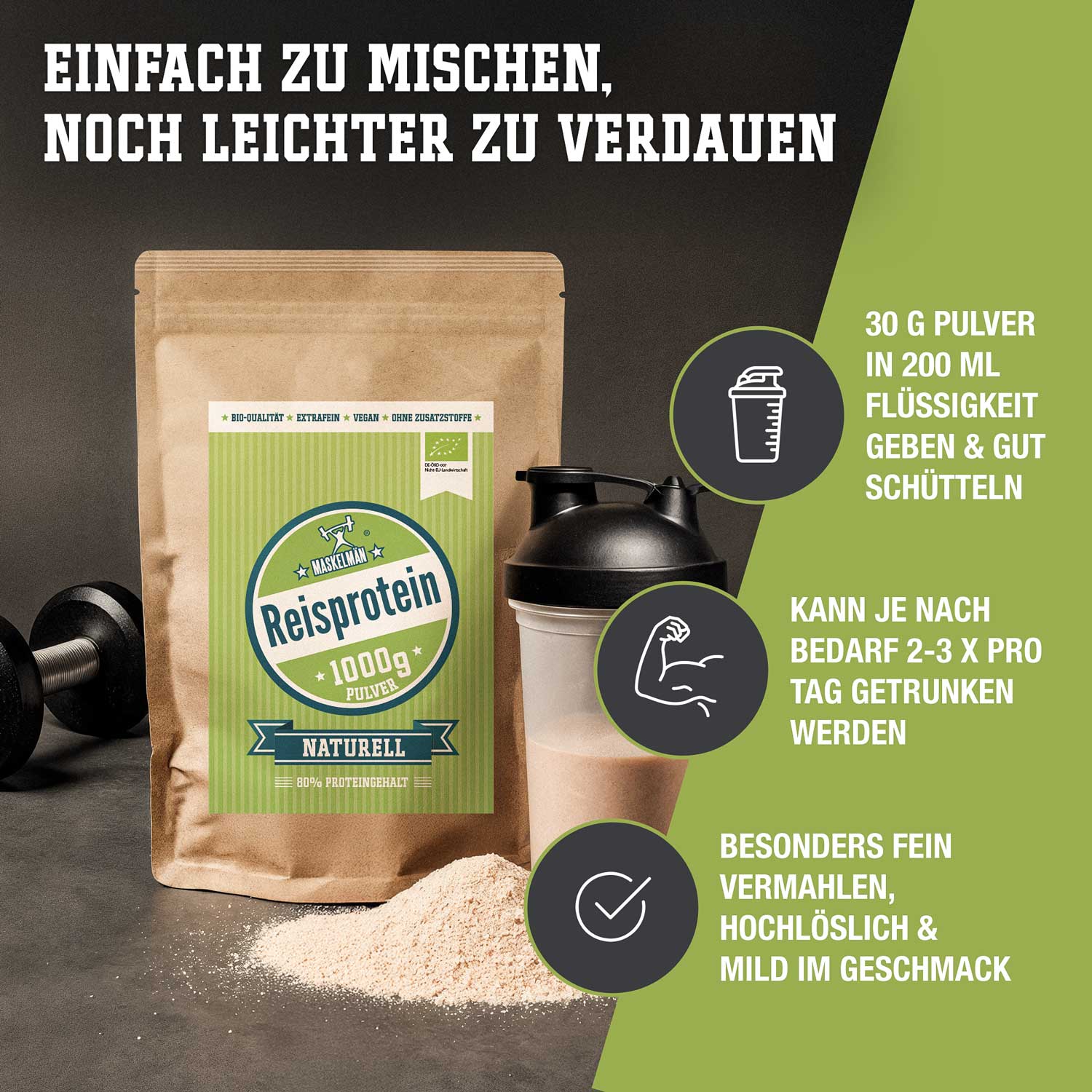 Weitere Produkteigenschaften des Reisproteins von Maskelmän