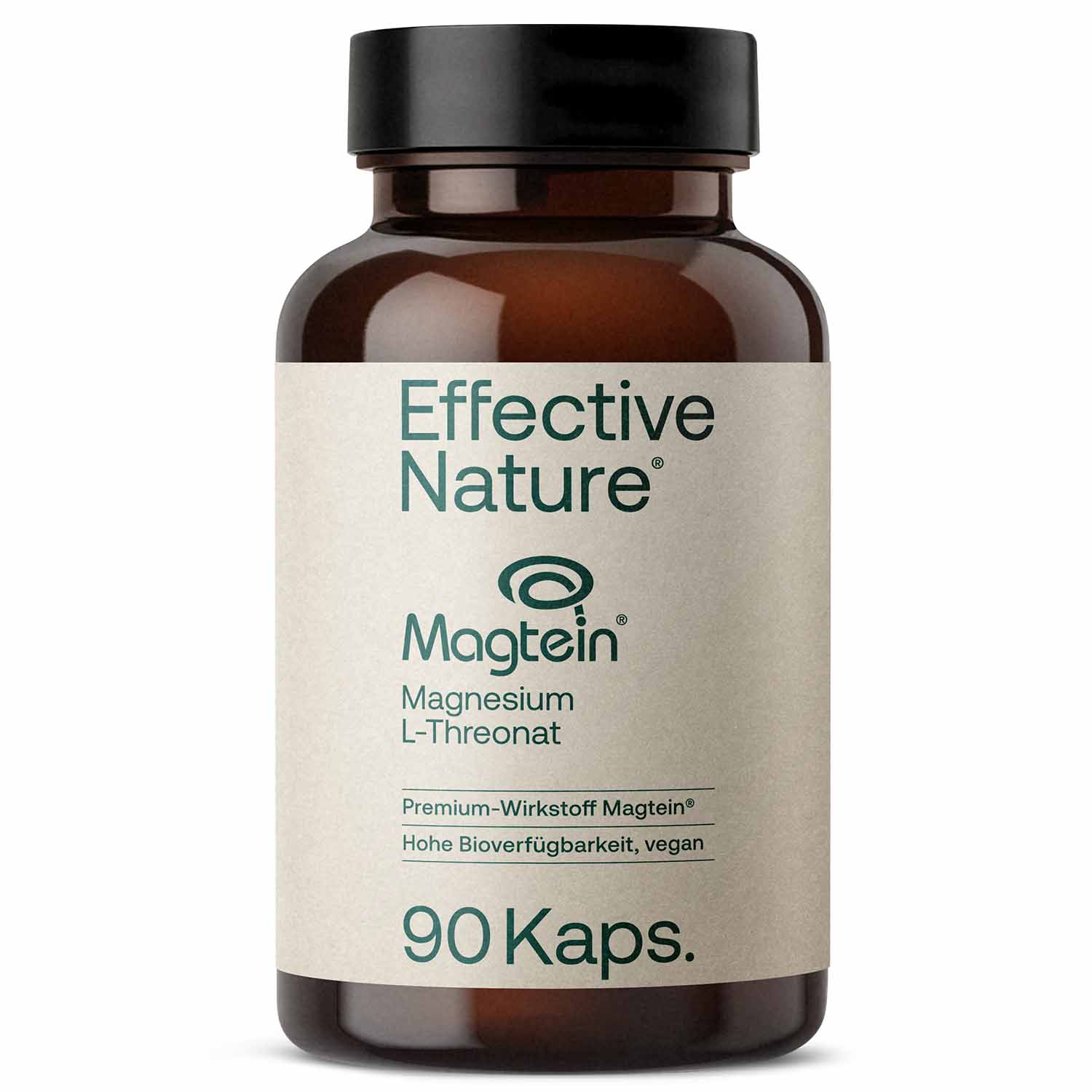 Ein Glas mit 90 Kapseln des Nahrungsergänzungsmittels Magnesium L-Threonat von Effective Nature, bekannt für seine hohe Bioverfügbarkeit und veganen Inhaltsstoffe.