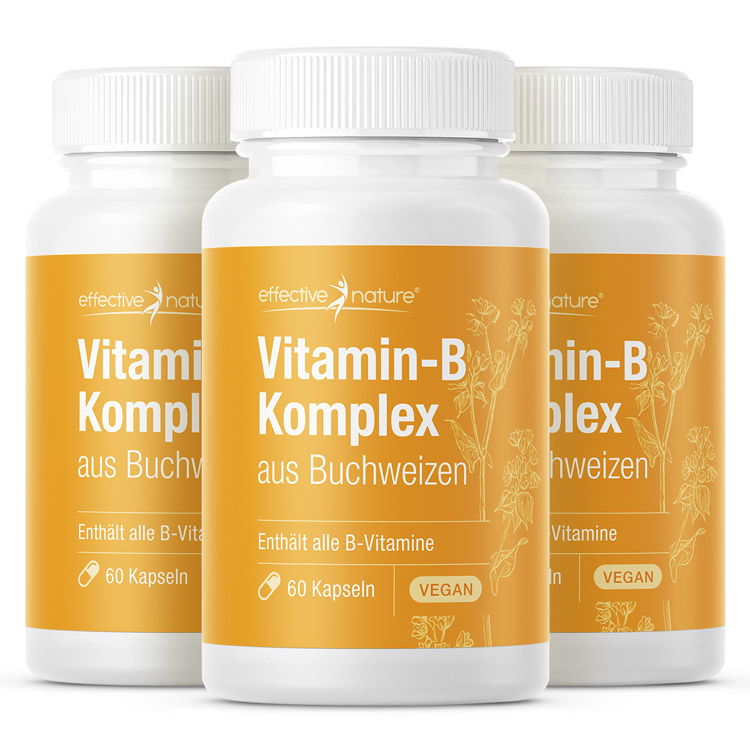 Vitamin-B Komplex aus Buchweizen - 60 vegane Kapseln Drei Flaschen mit Vitamin-B Komplex aus Buchweizen, vegan, 60 Kapseln
