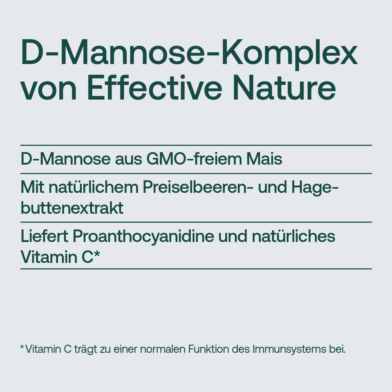 Produktinformation zu D-Mannose-Komplex von Effective Nature mit Preiselbeer- und Hagebuttenextrakt, liefert Proanthocyanidine und Vitamin C aus GMO-freiem Mais.