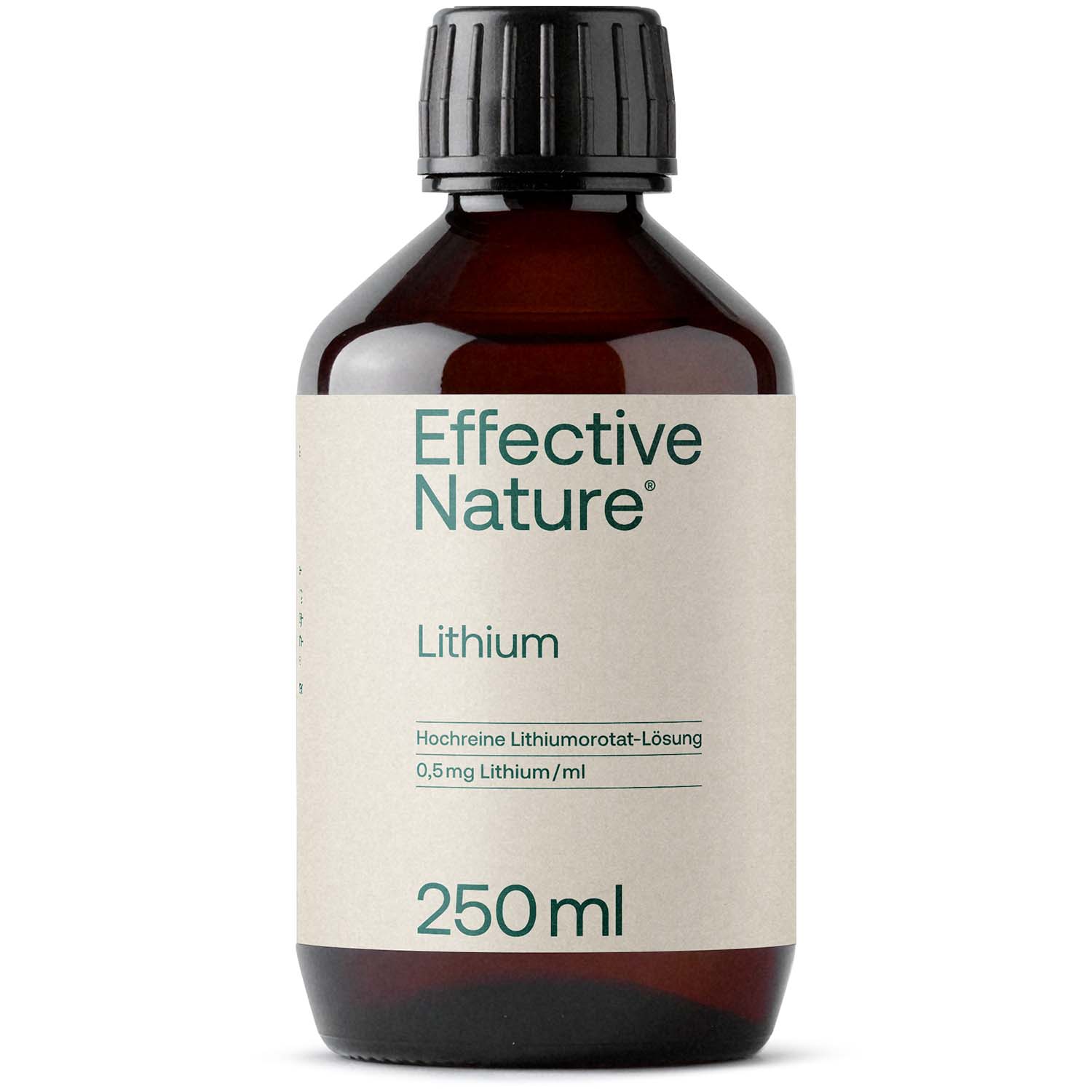 Flasche mit Etikett Effective Nature Lithium, hochreine Lithiummonohydrat-Lösung, 250 ml