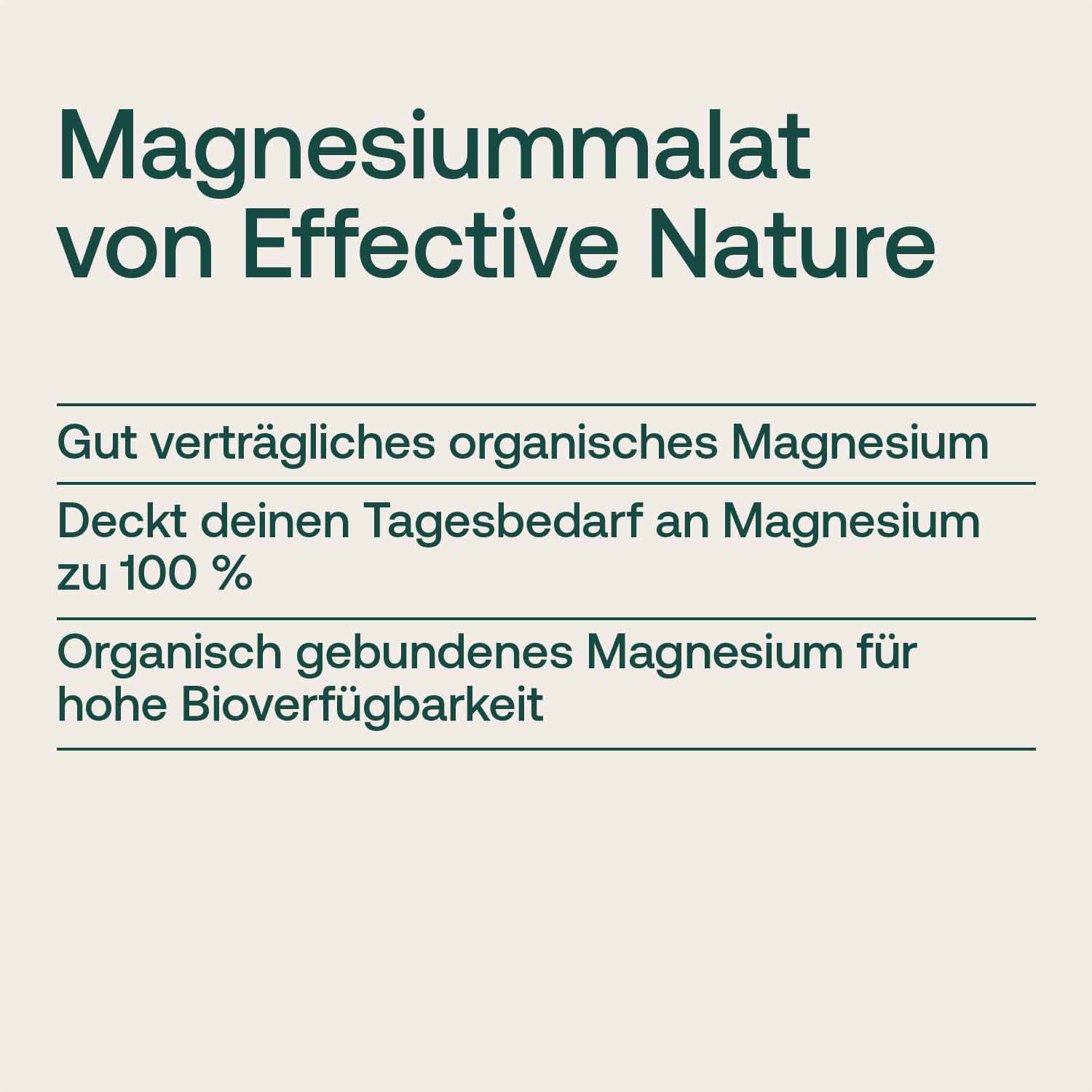 Informationsgrafik über Magnesiummalat von Effective Nature: organisches Magnesium, deckt Tagesbedarf zu 100%, hohe Bioverfügbarkeit