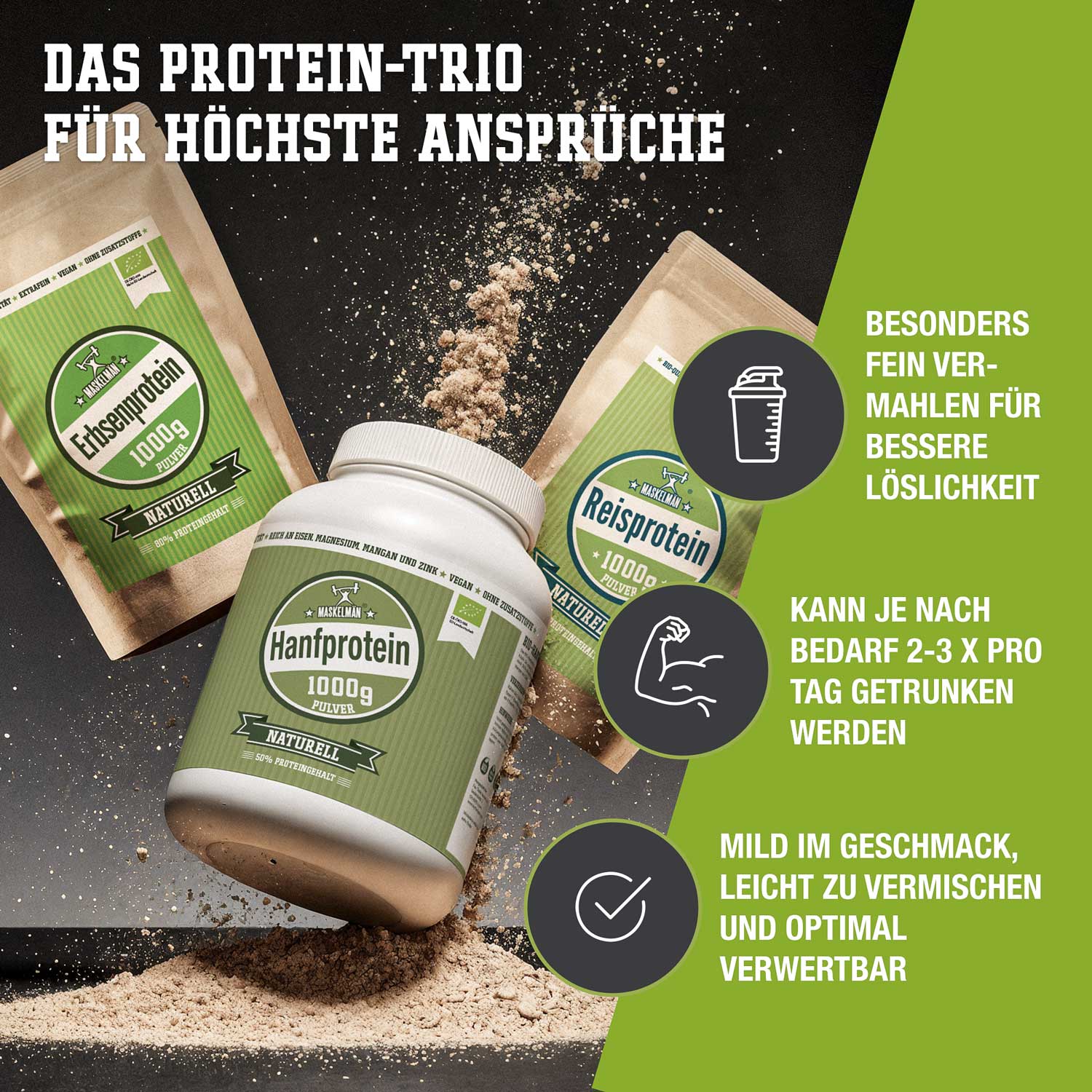 Erbsenprotein, Hanfprotein und Reisprotein in 1000g Packungen, neben verstreutem Pulver, auf schwarzem Hintergrund
