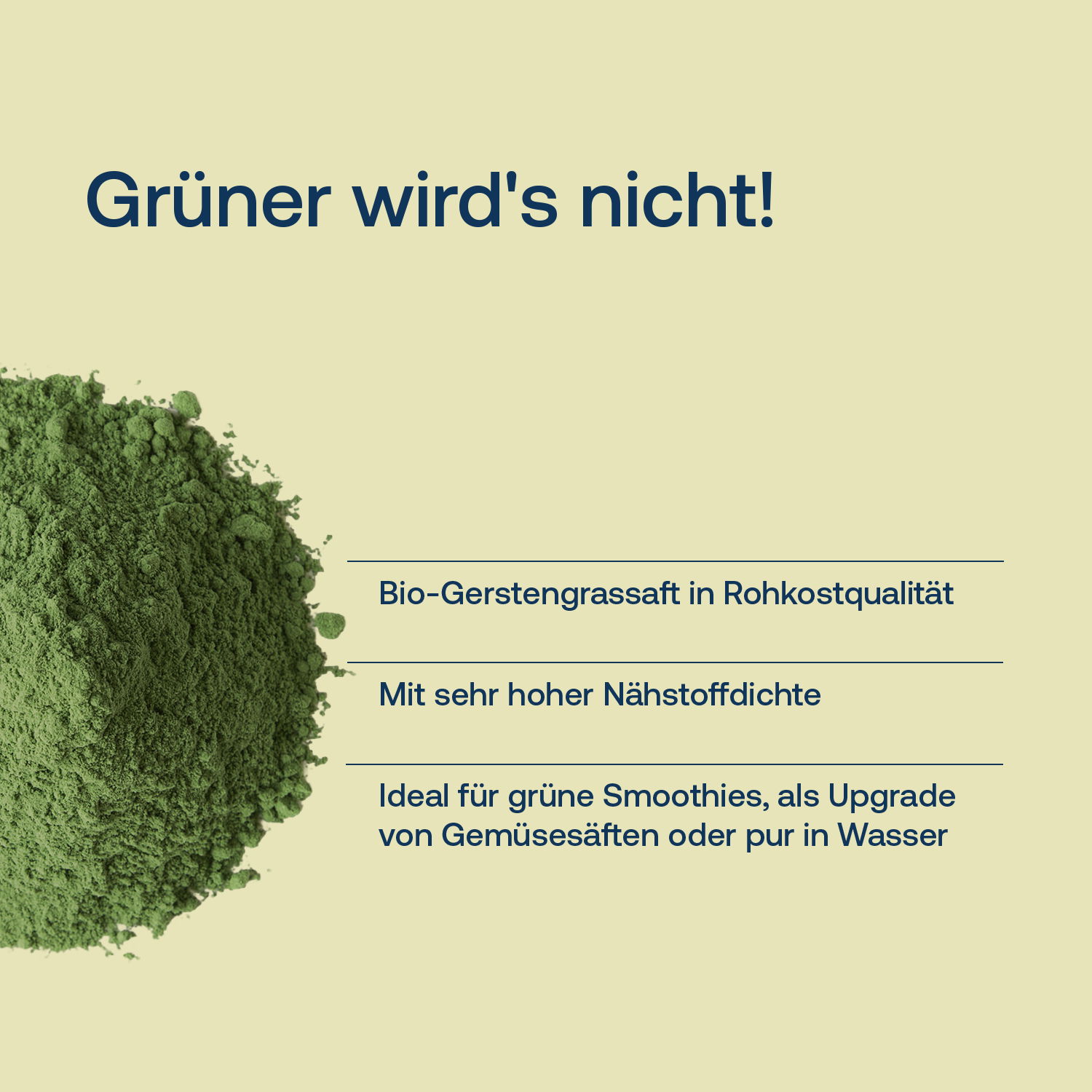 Bio-Gerstengrassaft in Rohkostqualität, mit sehr hoher Nährstoffdichte, ideal für grüne Smoothies