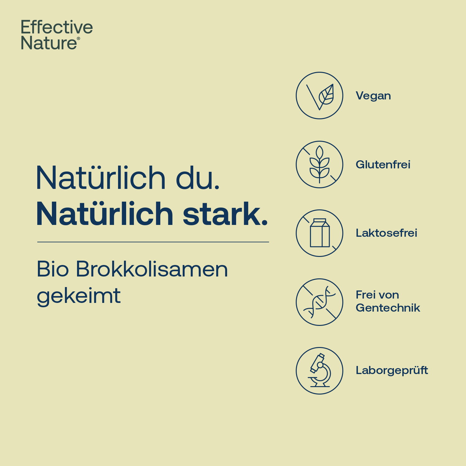 Brokkolisamen Claimgrafik mit vegan, glutenfrei, laktosefrei, gentechnikfrei und laborgeprüft