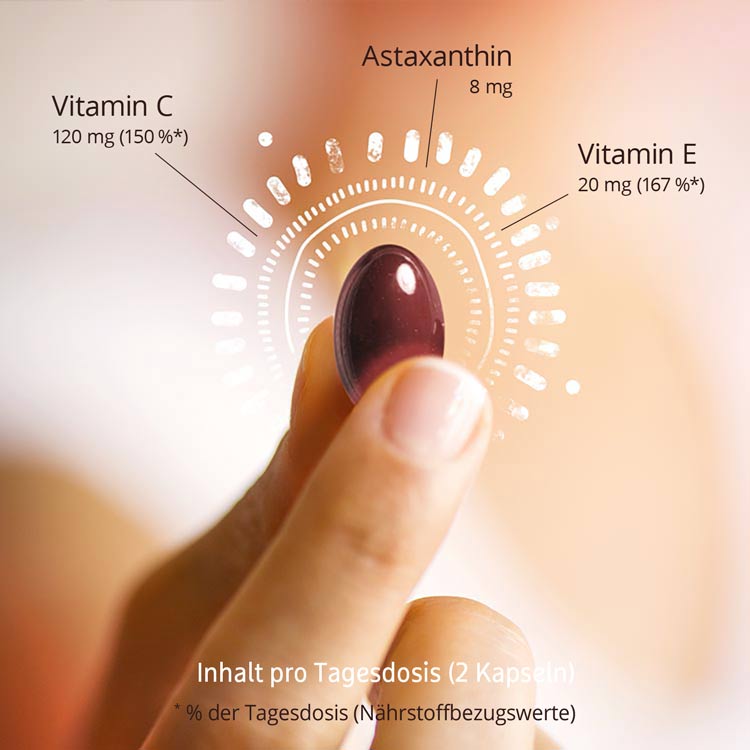 Inhalt pro Tagesdosis (2 Kapseln) Vitamin C 120 mg, Astaxanthin 8 mg, Vitamin E 20 mg