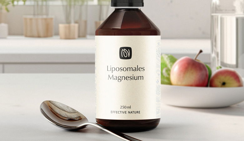 Mann mit einer Flasche Liposomalem Magnesium sitzt am Tisch